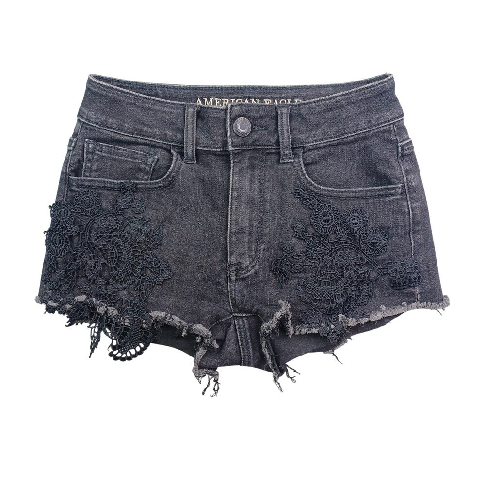 American Eagle AEO Hi-Rise Shortie Denim Shorts Size 00 Black Cutoffs Stretch